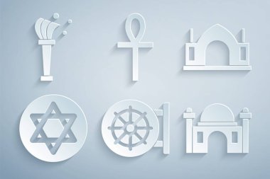 Dharma çarkı, Hindu ruhani tapınağı, Davut Yıldızı, Müslüman Camisi, Haç Ankh ve Aspergillum ikonu. Vektör