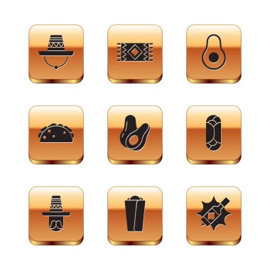 Meksika sombrerosu, Burrito, Avokado meyvesi tortilla, acı sos ve halı ikonu koy. Vektör