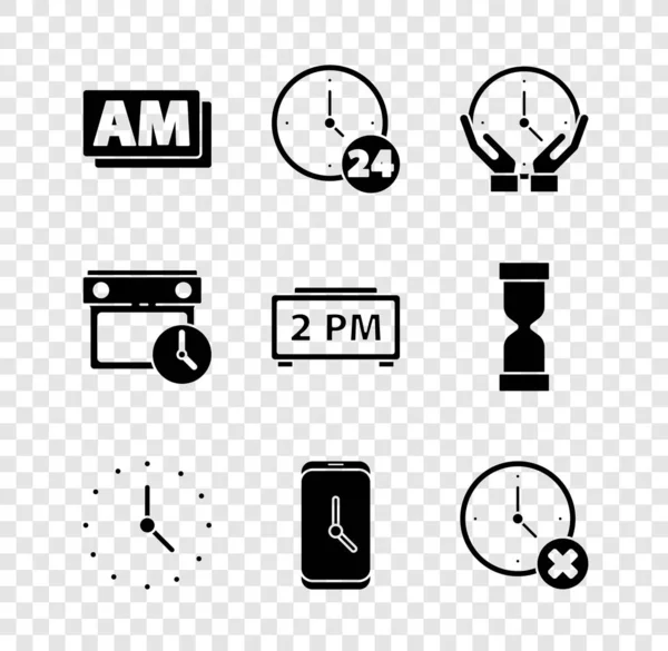 Establecer reloj AM, 24 horas, Alarma reloj aplicación móvil, borrar, Calendario y y el icono de alarma digital. Vector — Archivo Imágenes Vectoriales