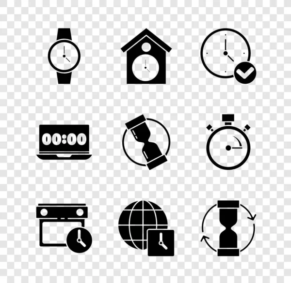 Set Reloj de pulsera, pared retro, reloj, calendario y reloj, hora mundial, reloj de arena viejo, en el ordenador portátil y el icono. Vector — Archivo Imágenes Vectoriales