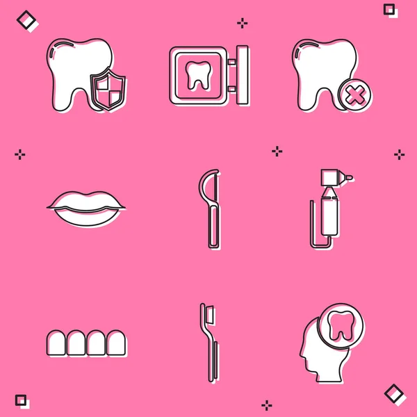 Set Protección dental, ubicación clínica, diente con caries, labios sonrientes, hilo dental, taladro, modelo de prótesis dentales e icono de cepillo de dientes. Vector — Vector de stock