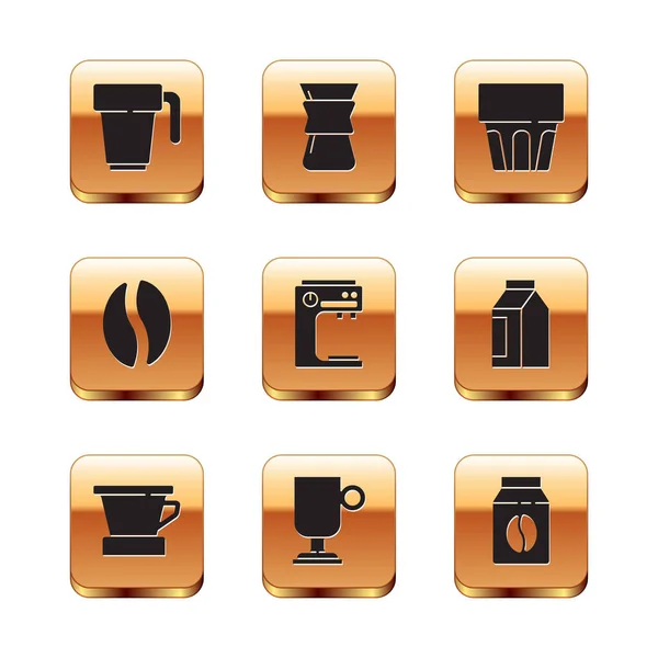 Set tazza di caffè, V60 caffettiera, irlandese, macchina, fagioli, vetro con acqua, sacchetto e versare sopra l'icona. Vettore — Vettoriale Stock