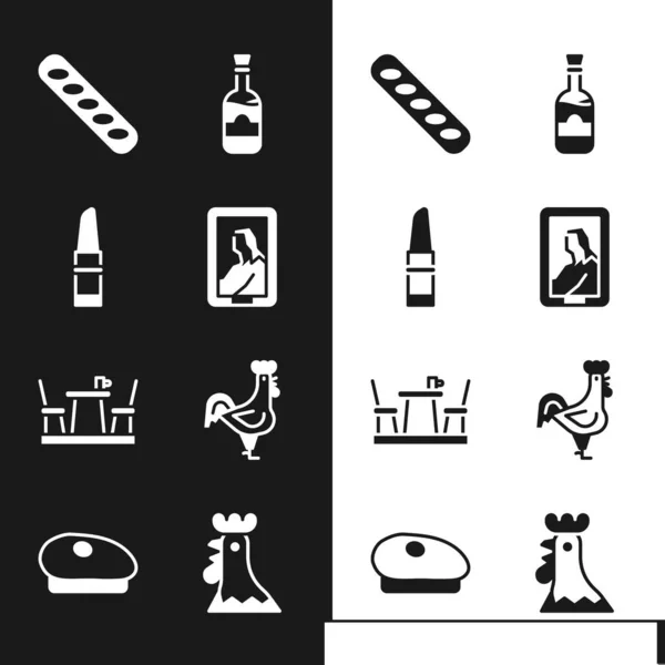 Set Portrait in museum, Lipstick, French baguette bread, Bottles of wine, cafe, rooster, and beret icon. Vector — Stock Vector