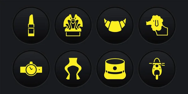 Set Armbanduhr, Pudel Hund, Froschbeine, Kepi, Croissant, Wasserspeier auf Sockel, Roller und Lippenstift-Symbol. Vektor — Stockvektor