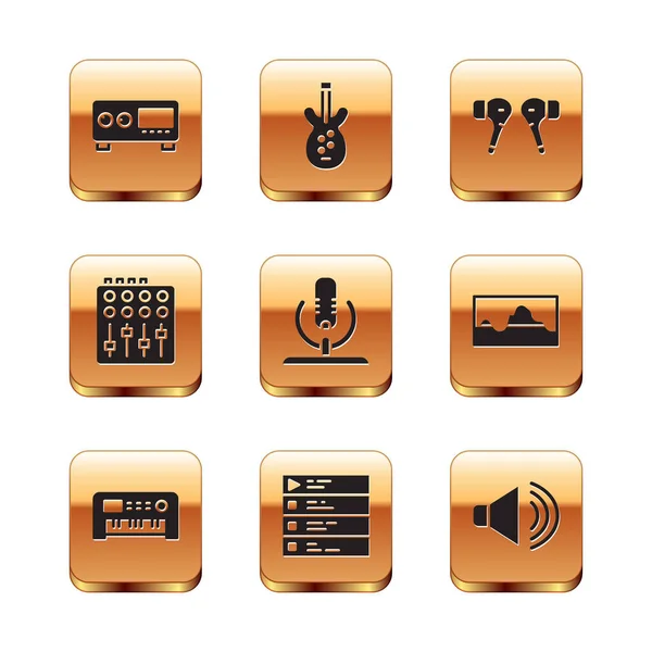 Set Guitar Amplifier, Musik-Synthesizer, Playlist, Mikrofon, Soundmixer Controller, Air-Kopfhörer, Lautstärke-Lautsprecher und E-Bass-Ikone. Vektor — Stockvektor
