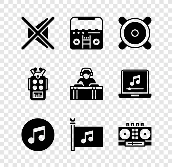 Set Speaker mute, Home stereo with speakers, Stereo, Music note, tone, festival flag, DJ remote and mixing music, Microphone and playing icon. Vector — Stock Vector