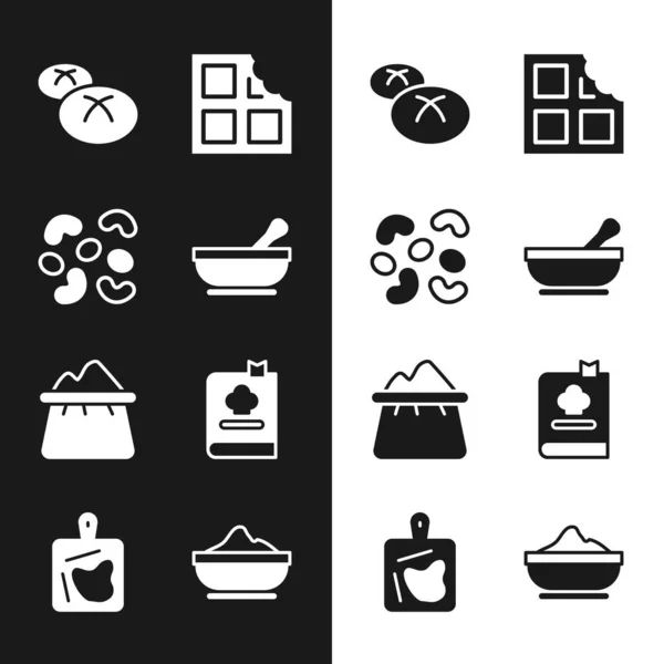 Set Mörser und Stößel, Gelee-Bonbons, Brotlaib, Schokoriegel, Mehlsack, Kochbuch, Mehlschale und Schneidebrett-Symbol. Vektor — Stockvektor