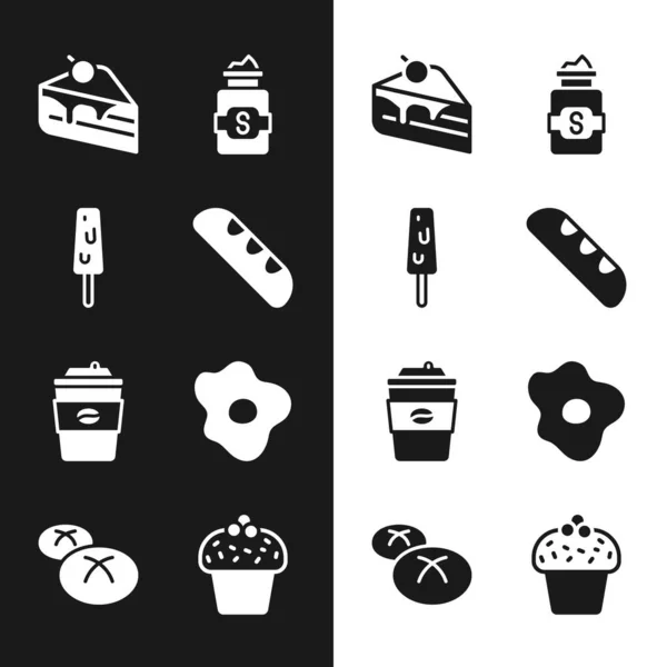 Conjunto de pan de baguette francés, helado, pedazo de pastel, tarro de azúcar, taza de café para llevar, huevos revueltos, pastel y pan icono de pan. Vector — Vector de stock