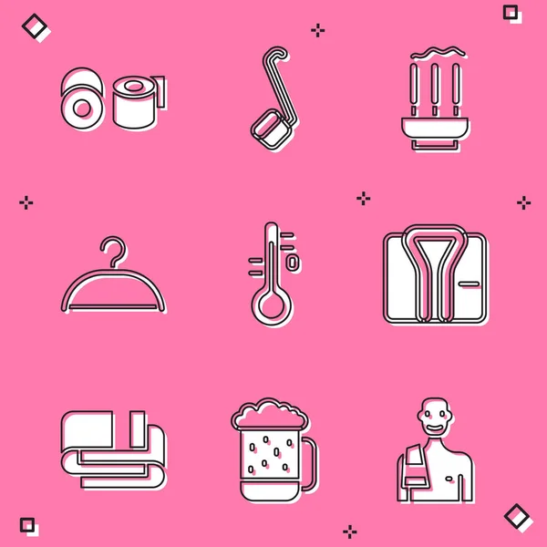 Tuvalet kağıdı rulosu, sauna kepçesi, tütsü çubukları, elbise dolabı, termometre, bornoz, havlu yığını ve tahta bira bardağı ikonu. Vektör — Stok Vektör