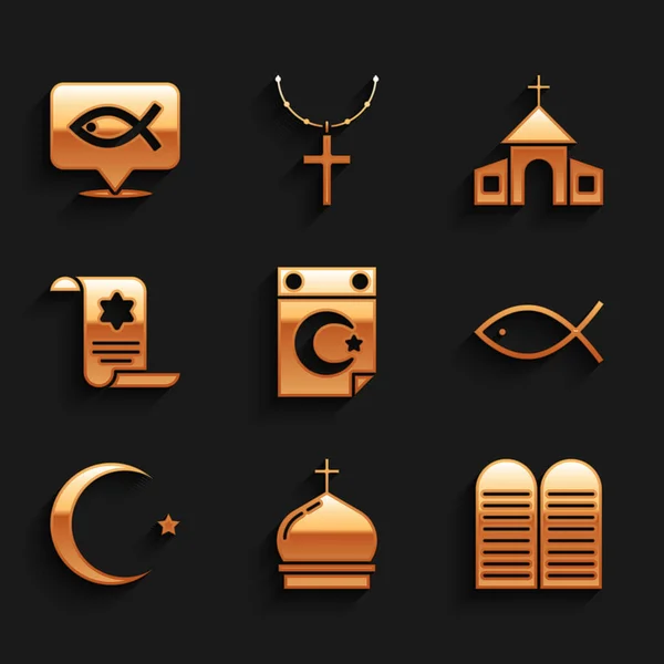 Set Star and crescent, Kostelní věž, přikázání, křesťanské ryby, Tóra svitek, budova a ikona. Vektor — Stockový vektor