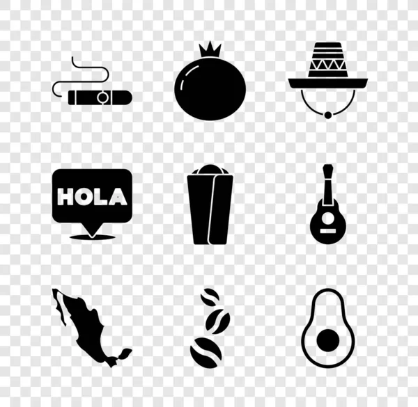 Cigar, Tomato, Mexican sombrero, Map of mexican, Coffee beans, Avocado fruit, Hola, Burrito icon. Vector — 스톡 벡터