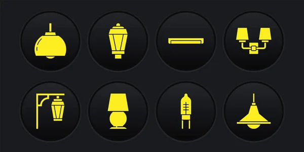Set Vintage pouliční osvětlení, Nástěnná lampa nebo svícen, Stůl, Světlo vyzařující dioda, Zářivka, Zahrada, Lustr a ikona. Vektor — Stockový vektor