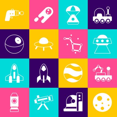 Mars Gezegeni, Gezegen Gezegeni, UFO uçan uzay gemisi, uzay kapsülü, ışın tabancası ve Büyük Ayı takımyıldızı ikonu. Vektör