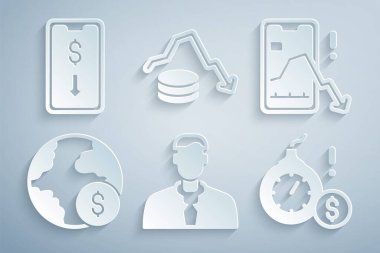Set işçisi, mobil borsa, küresel ekonomik kriz, para bombası doları, dolar oranı düşüşü ve ikon. Vektör