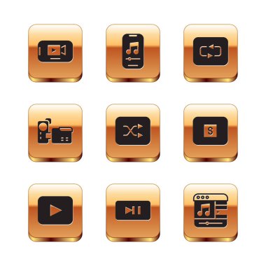 Çevrimiçi oynatma videosu, Oynat düğmesi, Duraklat, Ok karıştırma, Sinema kamerası, Tekrarla, Müzik çalar ve simge. Vektör