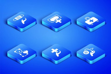 Yaprak hazır olsun, tıbbi koruyucu maske, haçlı kalp, çocuk oyuncakları, bağış kampanyası ve ilk yardım çantası ikonu. Vektör