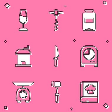 Şarap kadehi, tirbuşon, reçel kavanozu, el yapımı kahve öğütücüsü, bıçak, mutfak zamanlayıcısı, pullar ve çekiç simgesi. Vektör