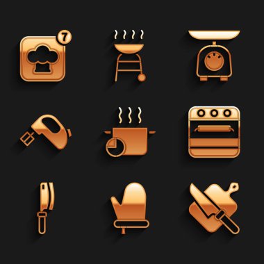 Yemek tenceresi, fırın eldiveni, kesme tahtası ve bıçak, et helikopteri, elektrikli mikser, pullar ve aşçı şapkası ikonu. Vektör