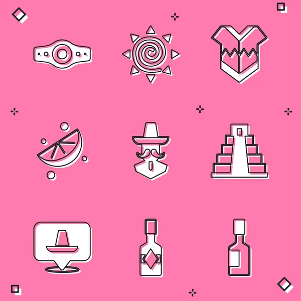 Set Wrestling championship belt, Sun, Poncho, Sliced lime, Mexican man sombrero, Chichen Itza Mayan, and Tabasco sauce icon. Vector — Stock Vector