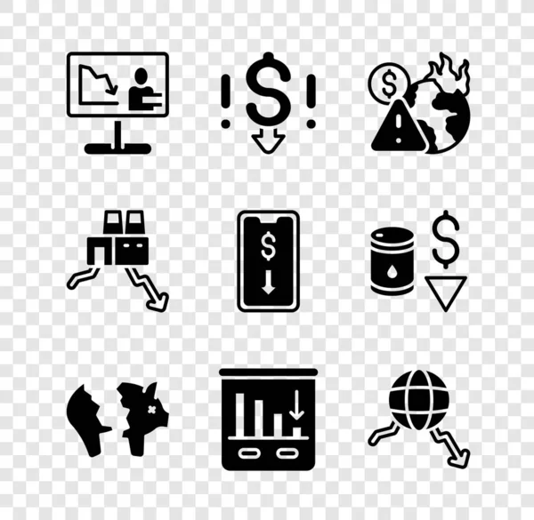 Set Global economic crisis news, Dollar rate decrease, Broken piggy bank, Pie chart infographic, Shutdown of factory and Mobile stock trading icon. Vector — Stock Vector