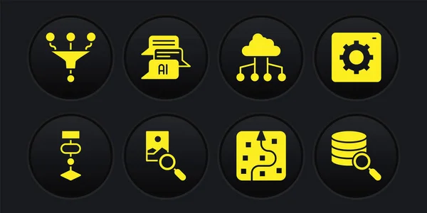 Set Algorithm, Computer api interface, Photo retouching, Neural network, Network cloud connection, Chat bot, Server, Funnel filter icon. Vector — 스톡 벡터