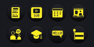 İki Oturan Adam Konuşması, Yabancı Dil Çalışması, Mezuniyet Başlığı, Merhaba Farklı Diller, Okul Zaman Çizelgesi, Altyazılı Video, Bayrak ve Sınav sayfası simgesi. Vektör