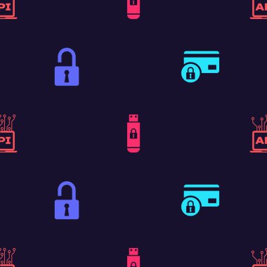 Kredi kartını kilit, asma kilit, USB flash bellek ve bilgisayar api arayüzünü kusursuz desene ayarlayın. Vektör