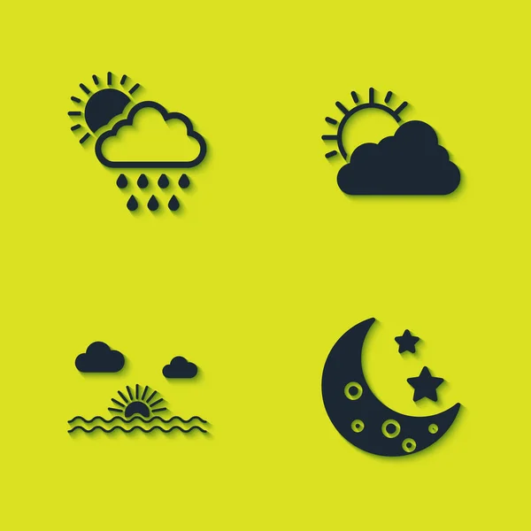 Untergehende Wolken mit Regen und Sonne, Mondsterne, Sonnenuntergang und Wolkenwetter-Ikone. Vektor — Stockvektor