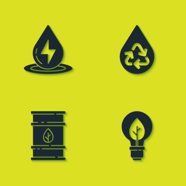 Su enerjisini ayarla, yapraklı ampul, biyo yakıt varili ve temiz su ikonunu geri dönüştür. Vektör