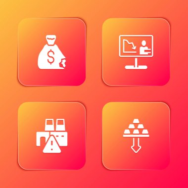 Para çantası, küresel ekonomik kriz haberleri, fabrikanın kapatılması ve altın külçeleri ikonu. Vektör