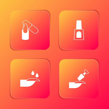 Tırnak törpüsü, bir şişe oje, manikür ve ikon için öğütücü koyun. Vektör