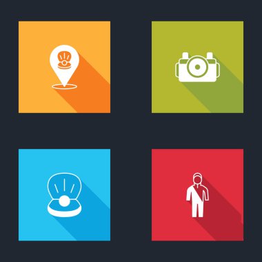 Deniz tarağı deniz kabuğunu dalgıç, Pearl ve Dalış elbisesi dalış ikonu için fotoğraf makinesini ayarlayın. Vektör