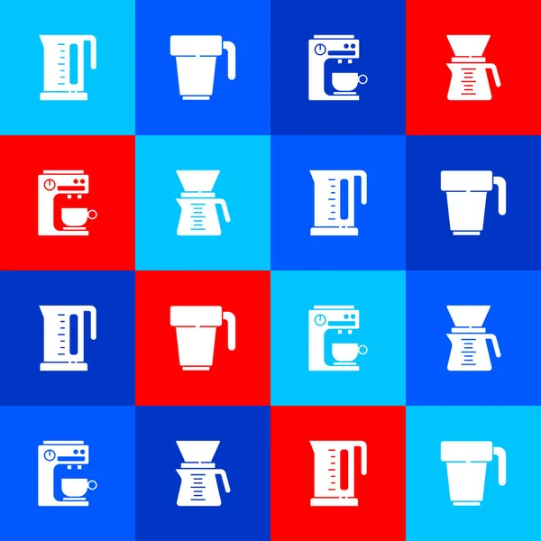 Set Wasserkocher, Kaffeetasse, Maschine und Pour over Kaffeemaschine Symbol. Vektor — Stockvektor
