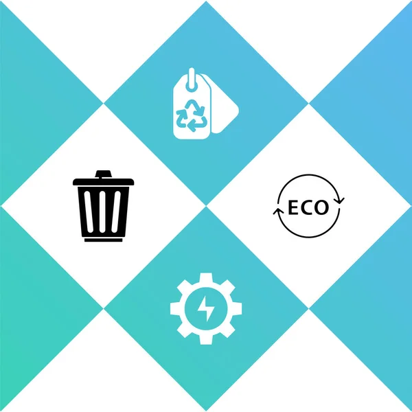 Set Trash can, Gear and lightning, Tag with recycle and Label for eco healthy food icon. Vector — Stock Vector