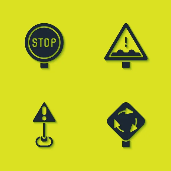 Dur işareti, kavşak trafiği, üçgen ve Uneven yolu ikonunda ünlem işareti. Vektör — Stok Vektör