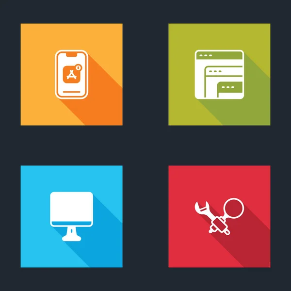 Définir les applications mobiles, le logiciel, l'écran de moniteur d'ordinateur et l'icône de débogage. Vecteur — Image vectorielle