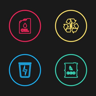 Işık hattını çöp tenekesi, biyo yakıt varili, pil geri dönüşümü ve teneke makine yağı ikonu ile ayarlayın. Vektör