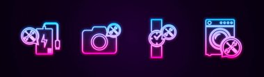 Elektrik hattı, banka, fotoğraf makinesi, kol saati ve çamaşır makinesi ayarla. Parlayan neon ikonu. Vektör