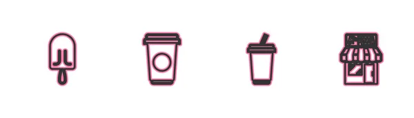 Állítsa be a vonal Jégkrém, pohár vízzel, Kávé csésze és Pizzéria épület homlokzat ikon. Vektor — Stock Vector