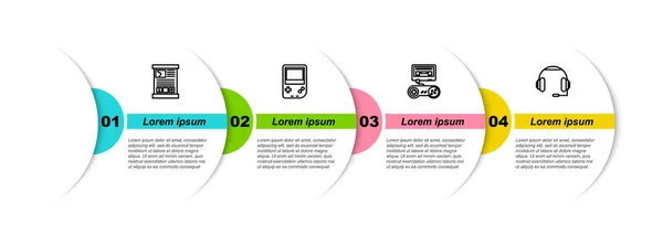 Set line Game guide, tragbare Videospielkonsole, mit Joystick und Kopfhörer. Geschäftsinfografische Vorlage. Vektor — Stockvektor