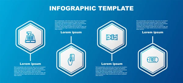 Definir linha máquina de caixa registradora, mão segurando com cartão de crédito, dinheiro de papel enrugado dinheiro e texto de etiqueta de preço grátis. Modelo de infográfico de negócios. Vetor — Vetor de Stock