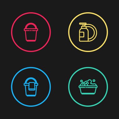 Kovayı bez, plastik leğen sabun köpüğü, bulaşık deterjanı, tabak ve ikon ile dizin. Vektör