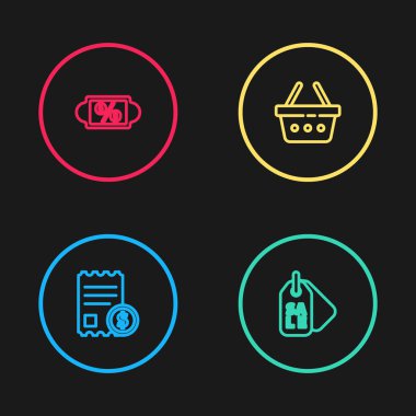 Satır kağıdını ve mali çekini belirle. Satış, alışveriş sepeti ve yüzde indirim simgesiyle fiyat etiketi. Vektör