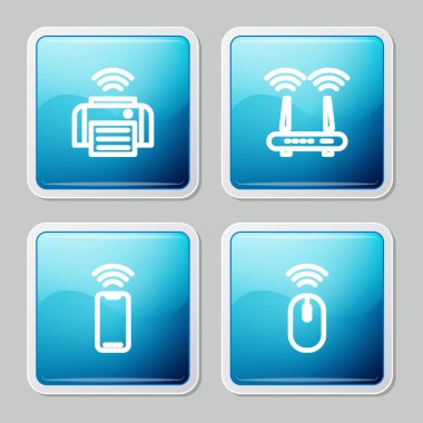 Akıllı yazıcı, Router ve wi-fi sinyali, kablosuz akıllı telefon ve fare simgesi ayarla. Vektör