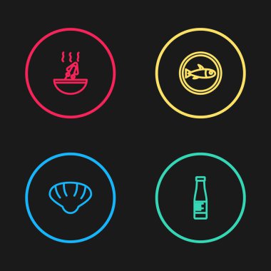 Deniz tarağı kabuğu, sos şişesi, tabakta balık ve ahtapot ikonlu çorba. Vektör