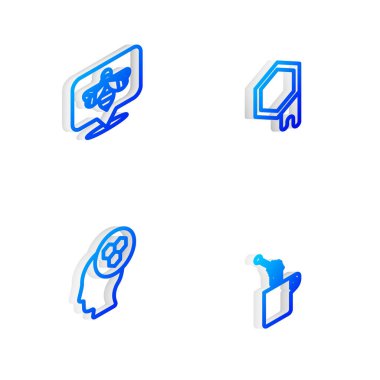 Isometric hattını bal ikonuyla ayarla, Bal Tarağı, Arı, Arı Bekçisi ve Dipper çubuğu. Vektör