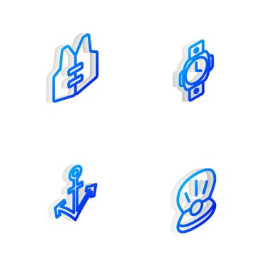 Isometric hattı dalış saatini, Can yeleğini, dayanak noktasını ve Pearl ikonunu ayarla. Vektör