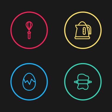 Sabit hat, kırık yumurta, hamurda yuvarlanan iğne, elektrikli su ısıtıcısı ve mutfak çırpıcı ikonu. Vektör