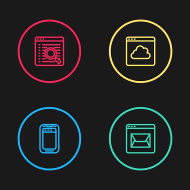 Cep telefonunu, web sitesini ve postayı, Cloud teknoloji veri transferini ve Arama motoru simgesini ayarla. Vektör