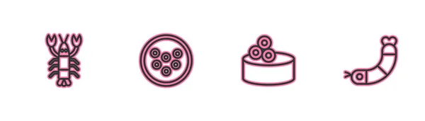 Set línea langosta, lata de estaño con caviar, caviar en plato e icono de camarones. Vector — Vector de stock